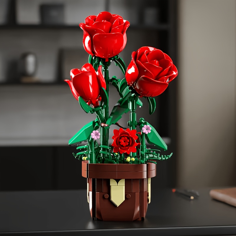 Creative Red Rose Potted Flower Model Building Block